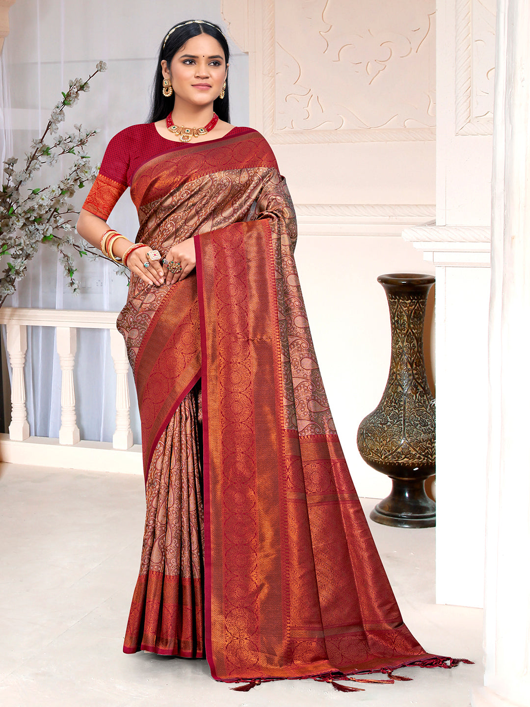 Brown and Maroon Silk Saree