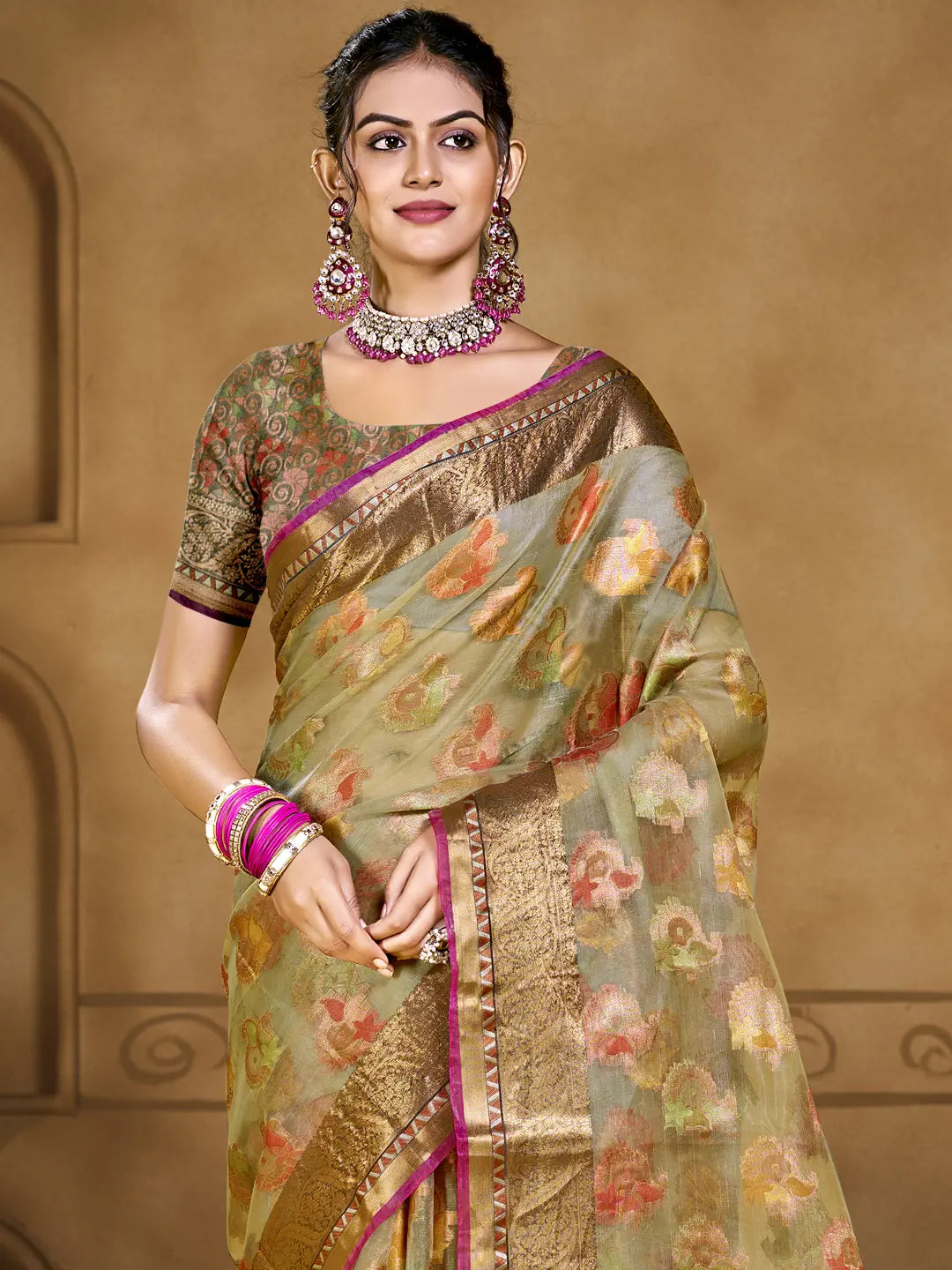 Olive Green Organza Saree