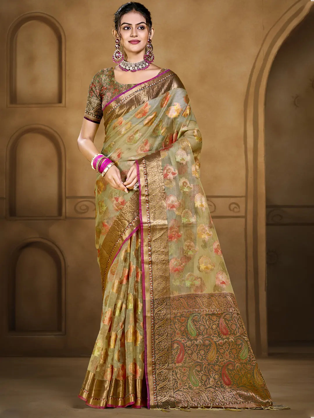 Olive Green Organza Saree