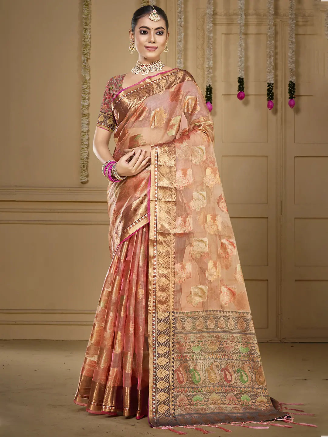 Peach Organza Saree