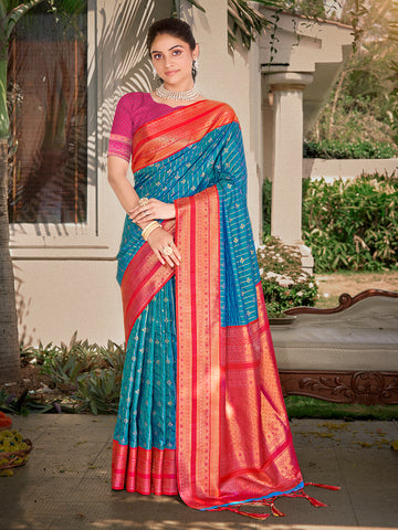 Sangam Cyan Blue Silk Saree