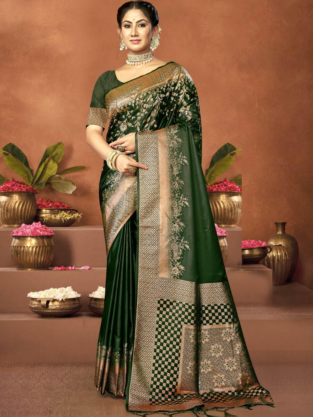 Dark Green Satin Silk Saree