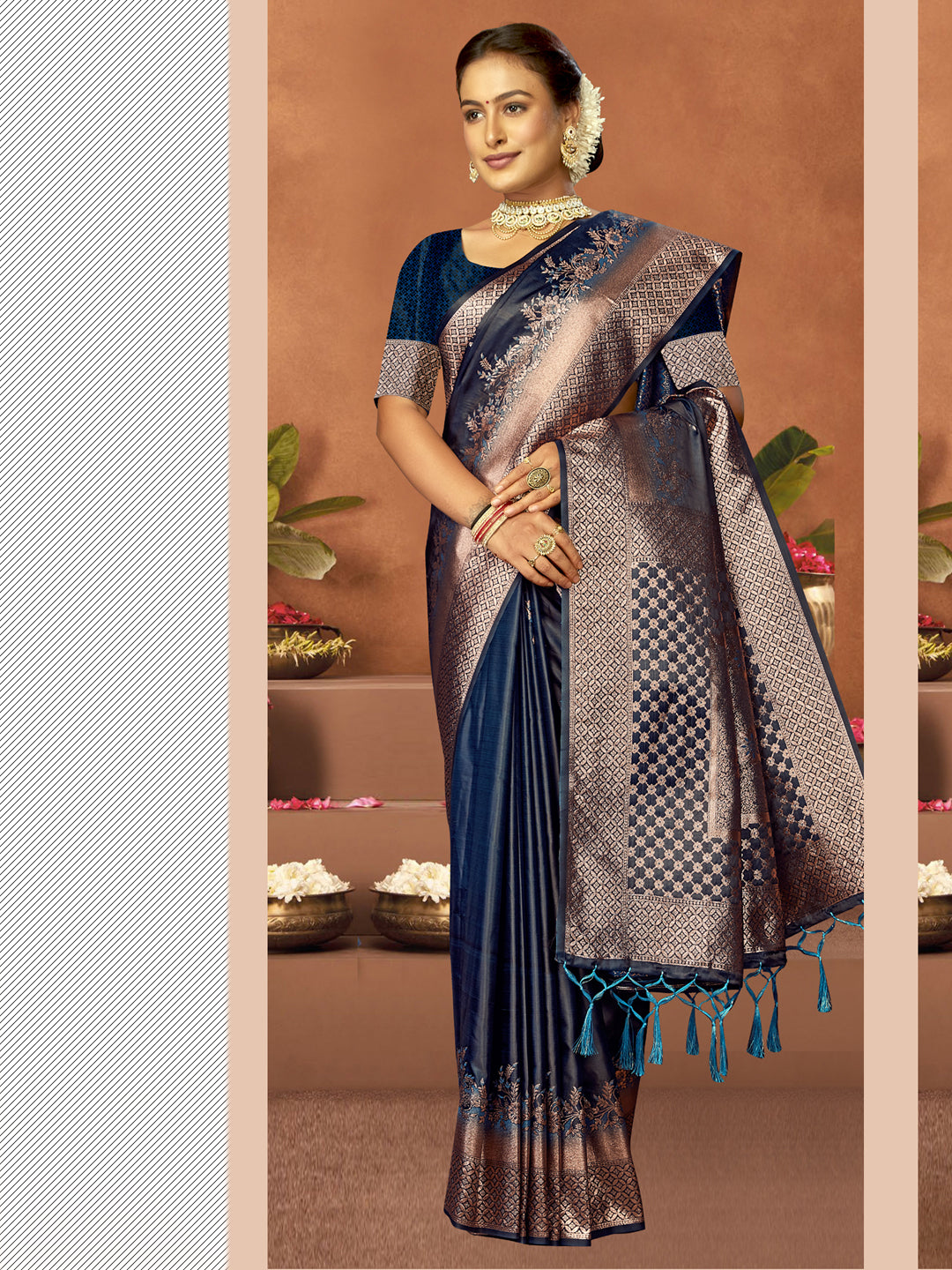 Navy Blue Satin Silk Saree