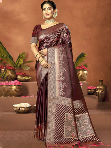 Sangam Choco Brown Satin Silk Saree