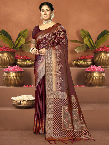 Sangam Choco Brown Satin Silk Saree