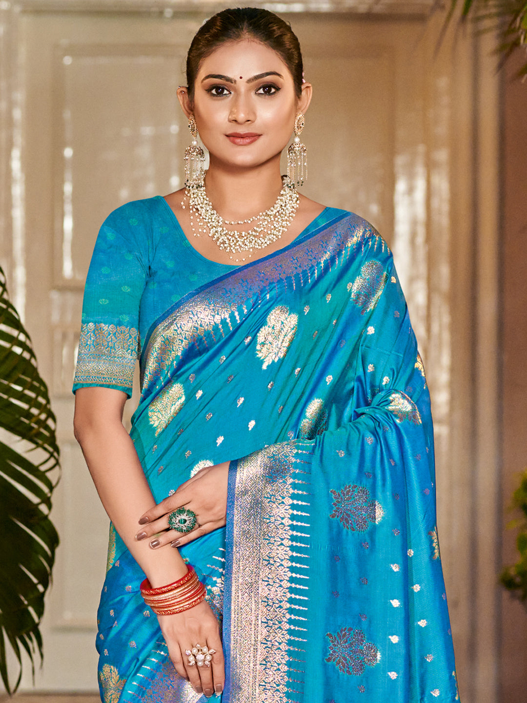 Sangam Cyan Blue Silk Saree