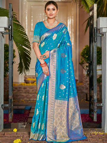 Sangam Cyan Blue Silk Saree