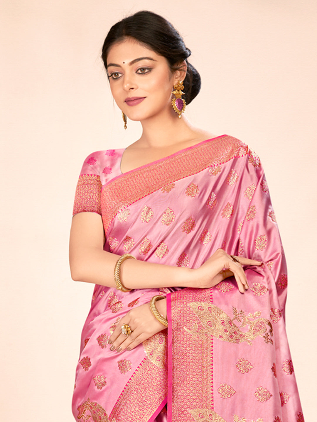 Sangam Pink Satin Silk Saree