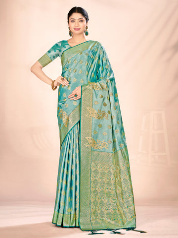 Sangam Turquoise Satin Silk Saree