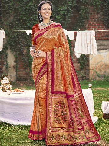 Orange Banarasi Silk Saree