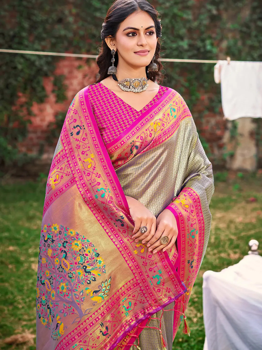 Gray Paithani Silk Saree