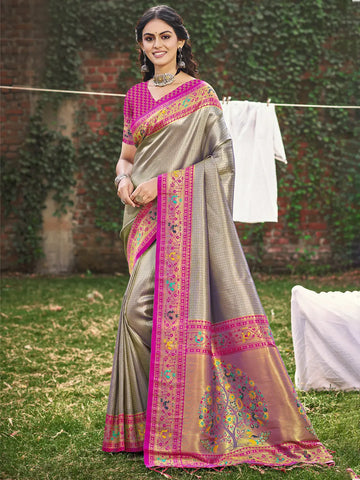 Gray Paithani Silk Saree