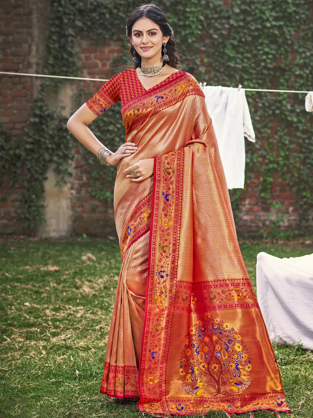 Peach Paithani Silk Saree