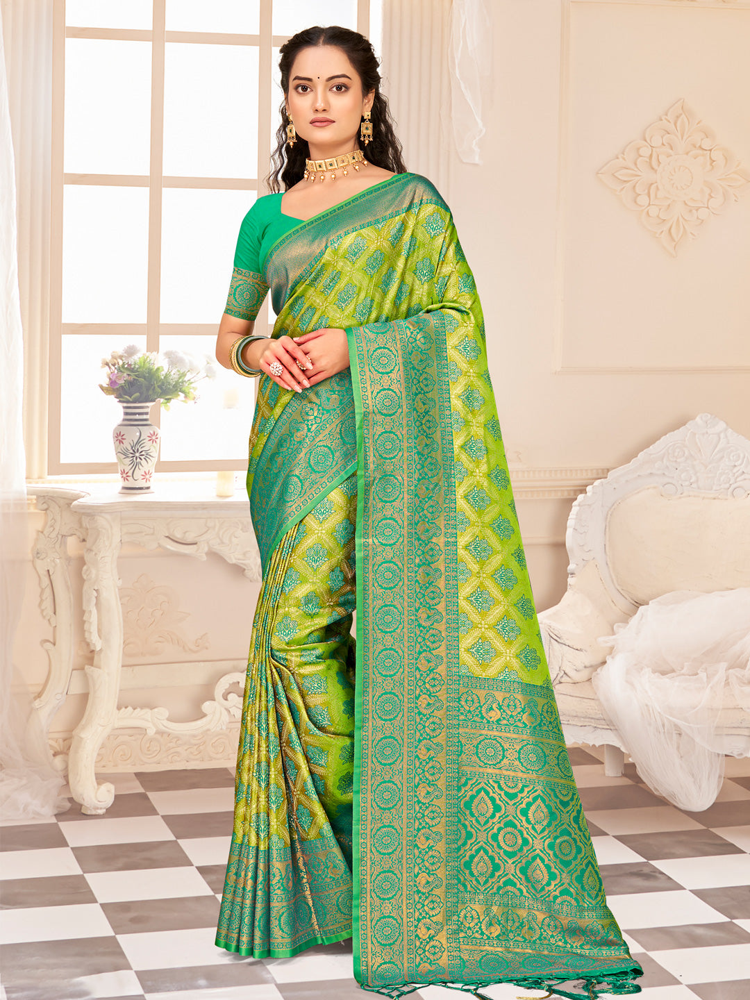 Sangam Lime Green Kanjivaram Silk Saree