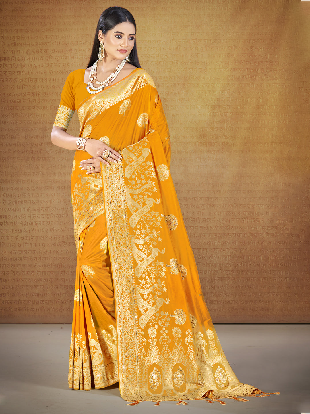 Sangam Mustard Yellow Silk Saree