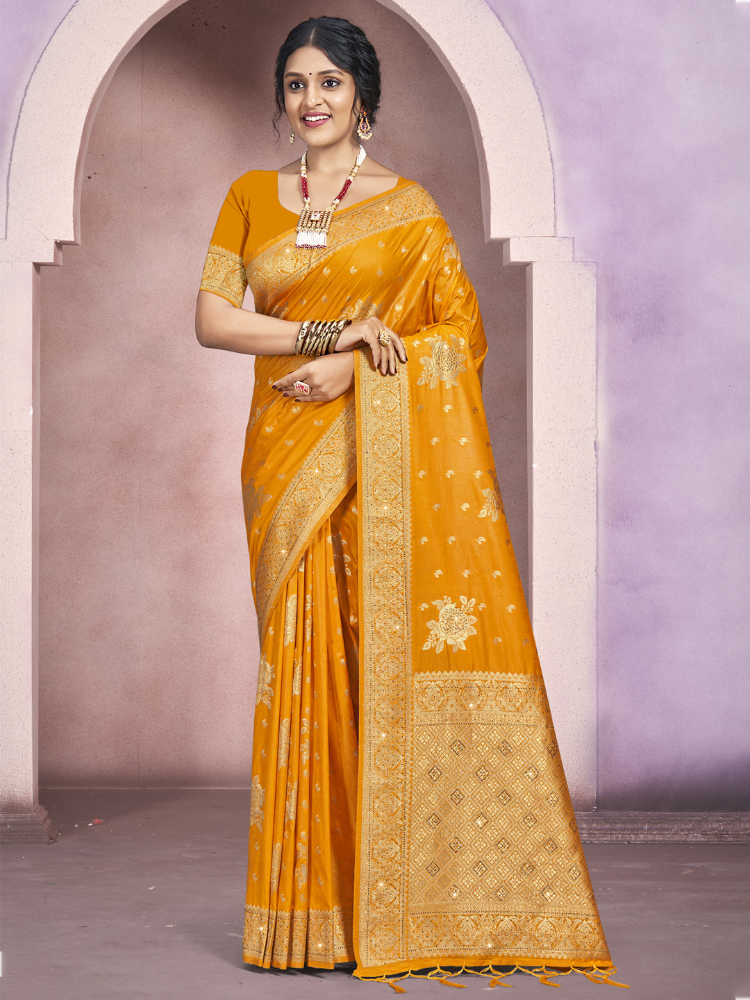 Sangam Mustard Yellow Silk Saree