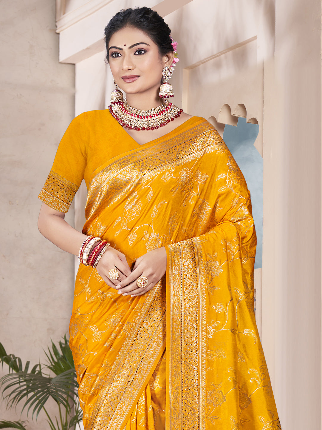 Sangam Mustard Yellow Silk Saree