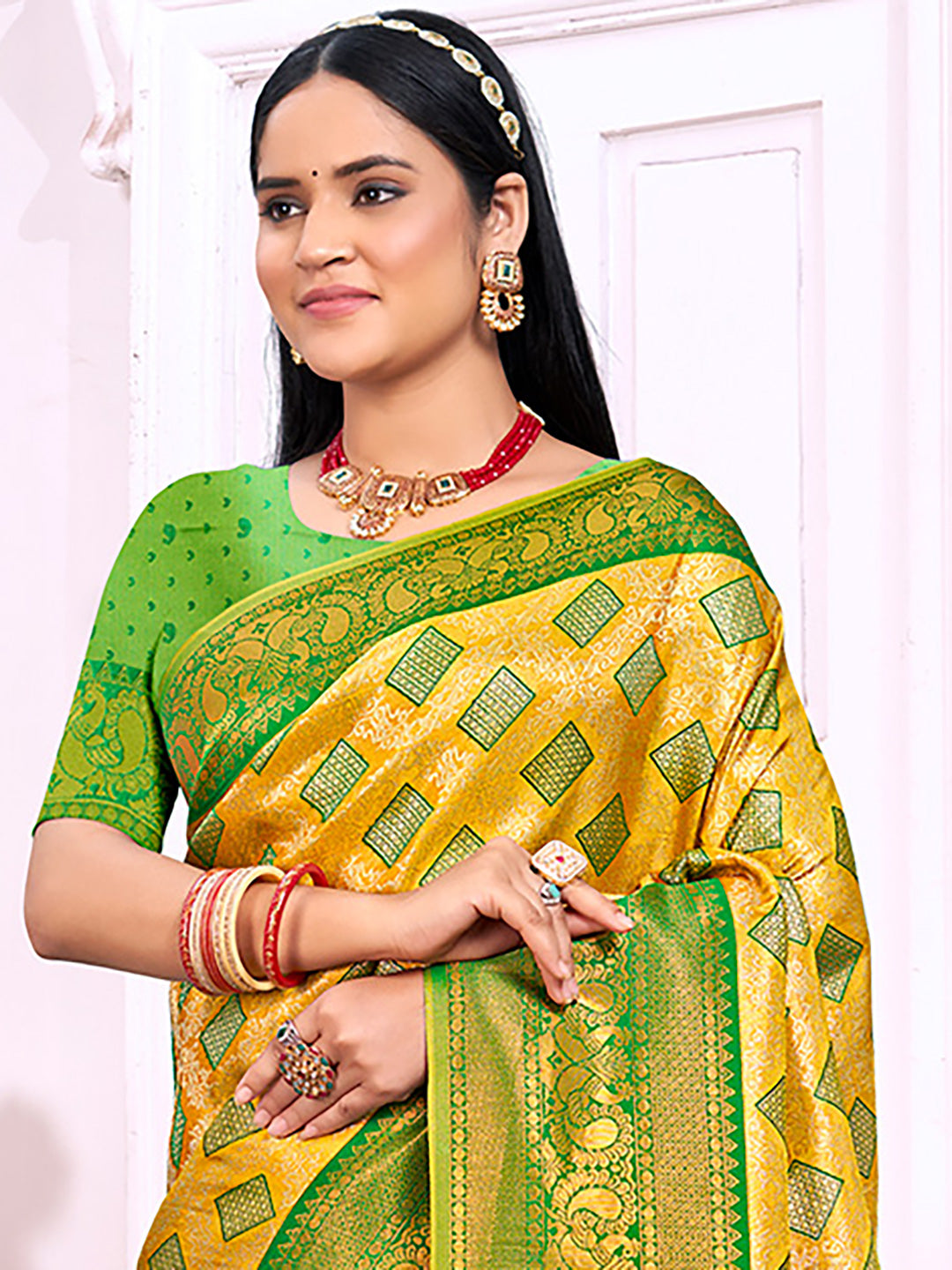 Sangam Lime Yellow Silk Saree