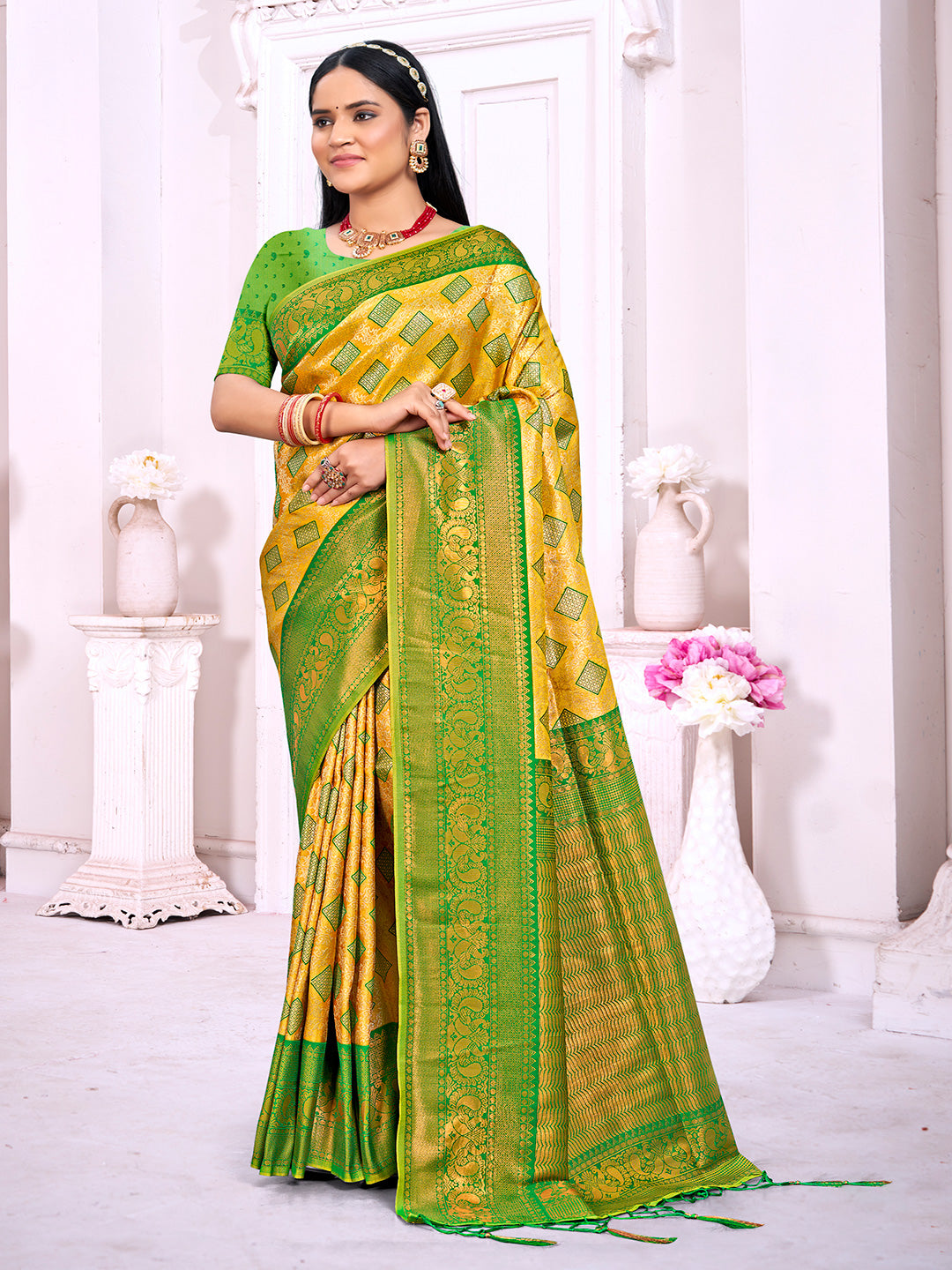 Sangam Lime Yellow Silk Saree