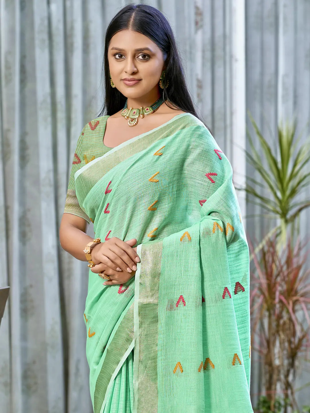 Turquoise Green Cotton Saree