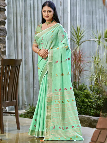 Turquoise Green Cotton Saree