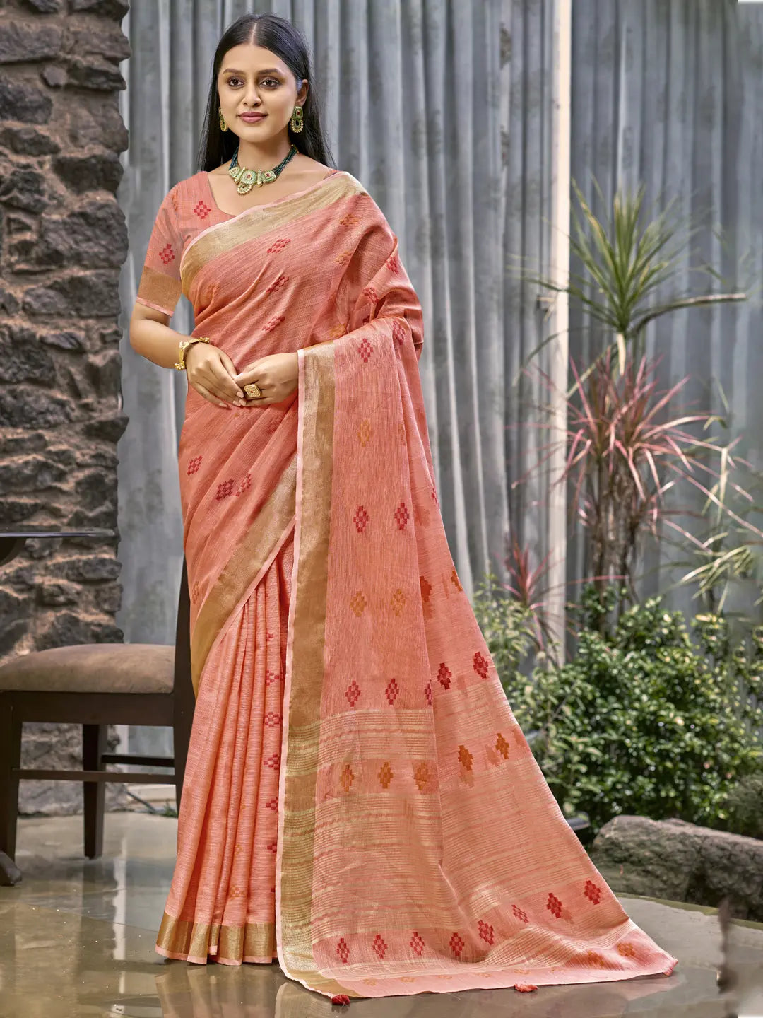 Peach Linen Saree