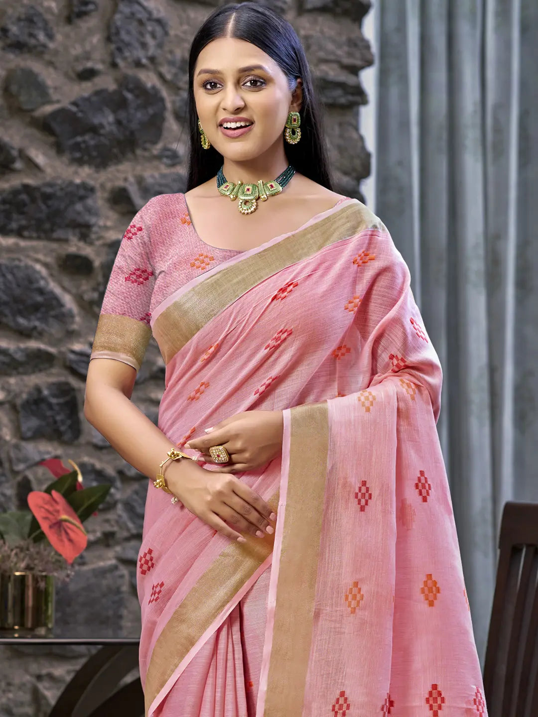 Pink Linen Saree