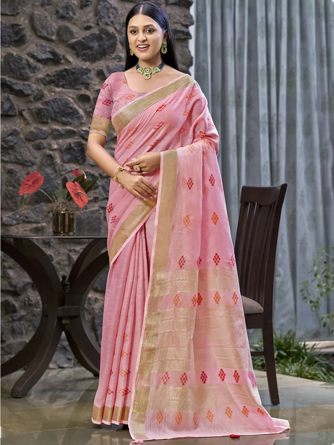 Pink Linen Saree