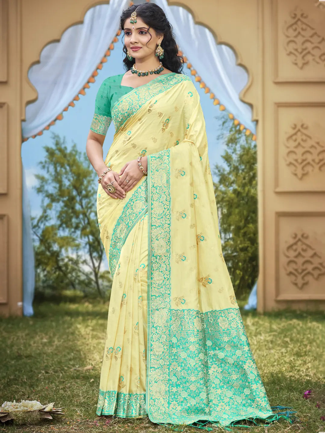 Light Yellow Banarasi Silk Saree