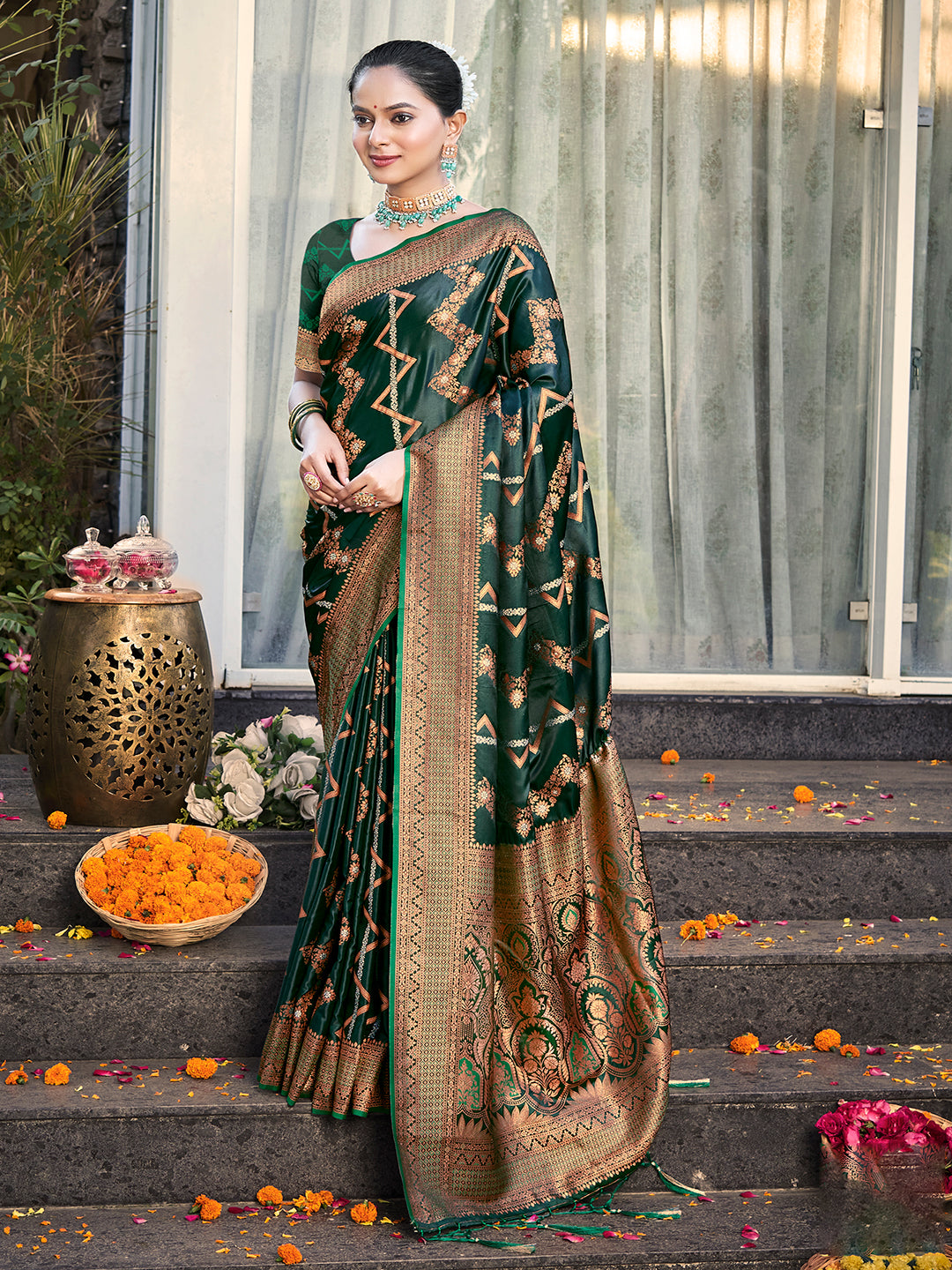 Sangam Dark Green Silk Saree