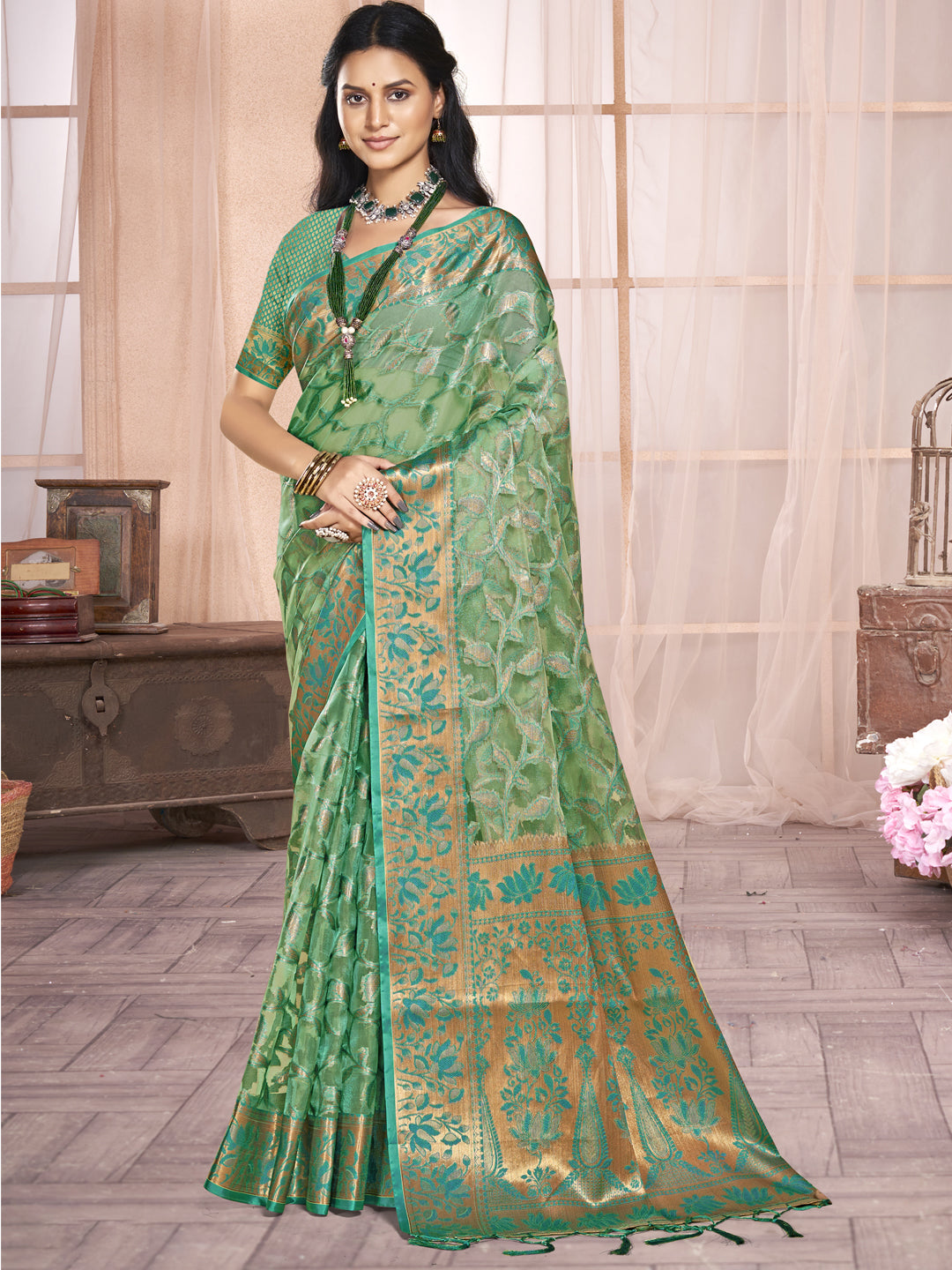 Teal Green Organza Saree