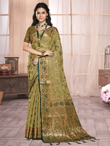 Olive Green Organza Saree