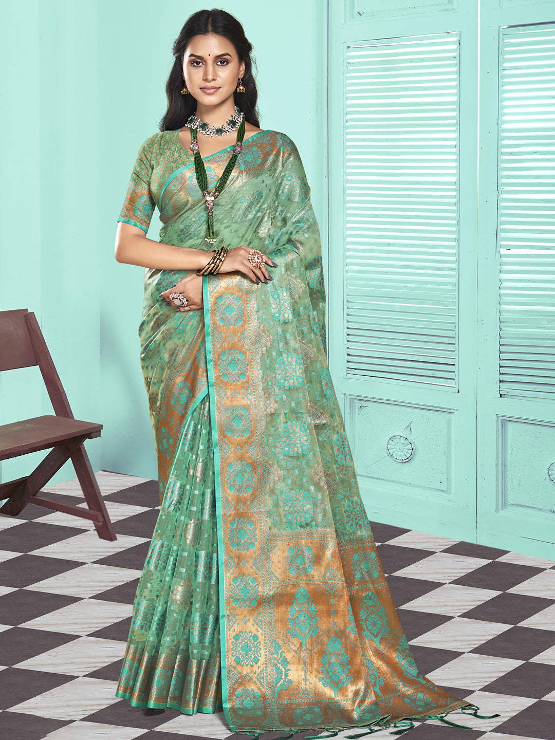 Turquoise Blue Organza Saree