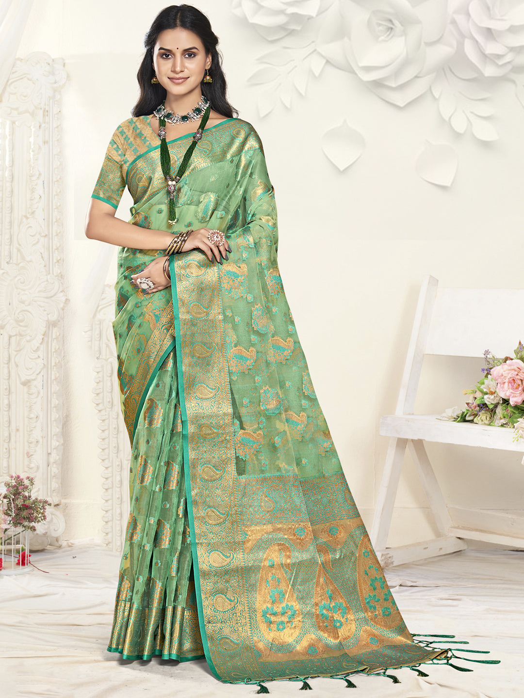 Turquoise Blue Organza Saree