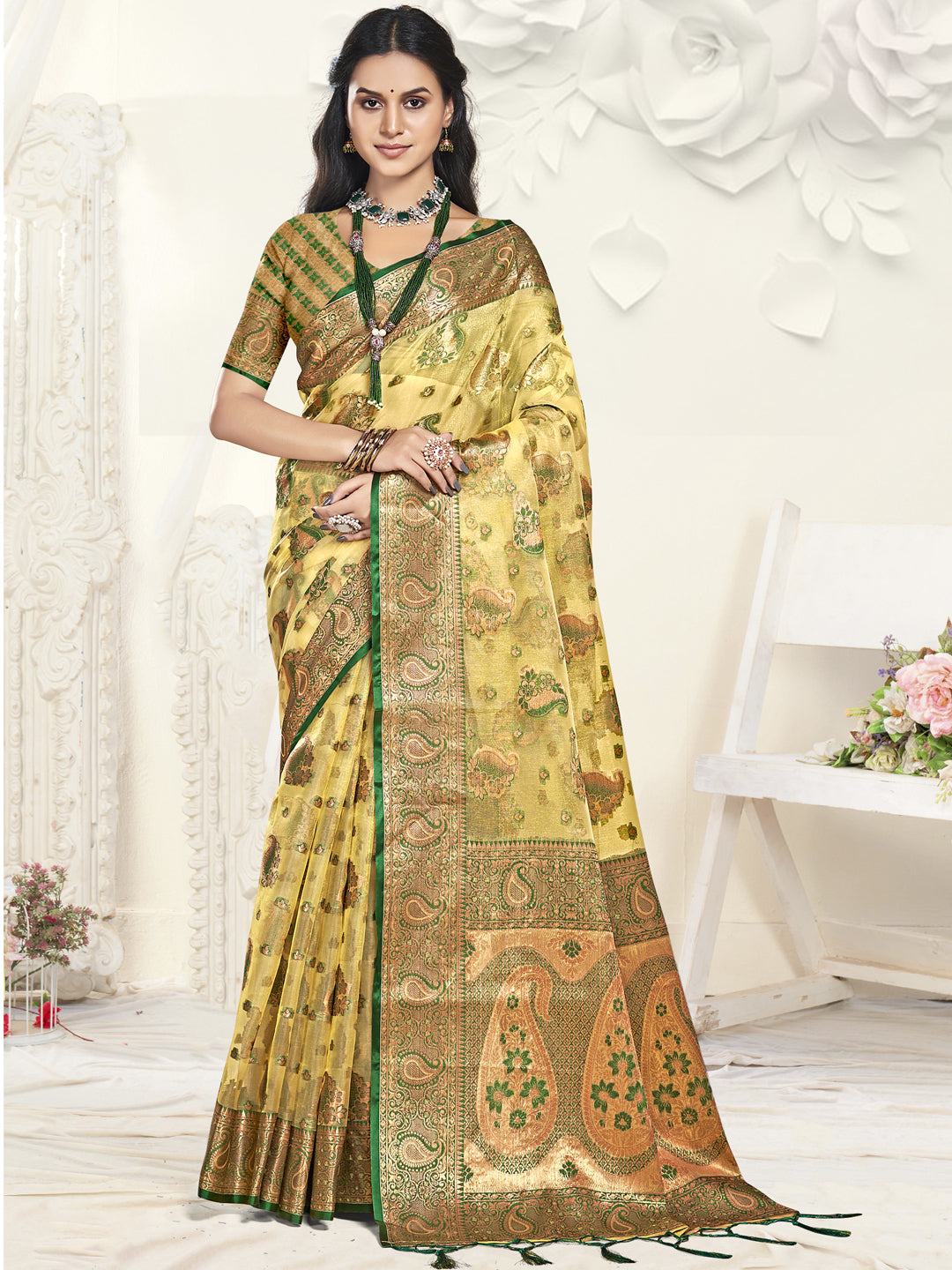 Sangam Yellow Organza Saree