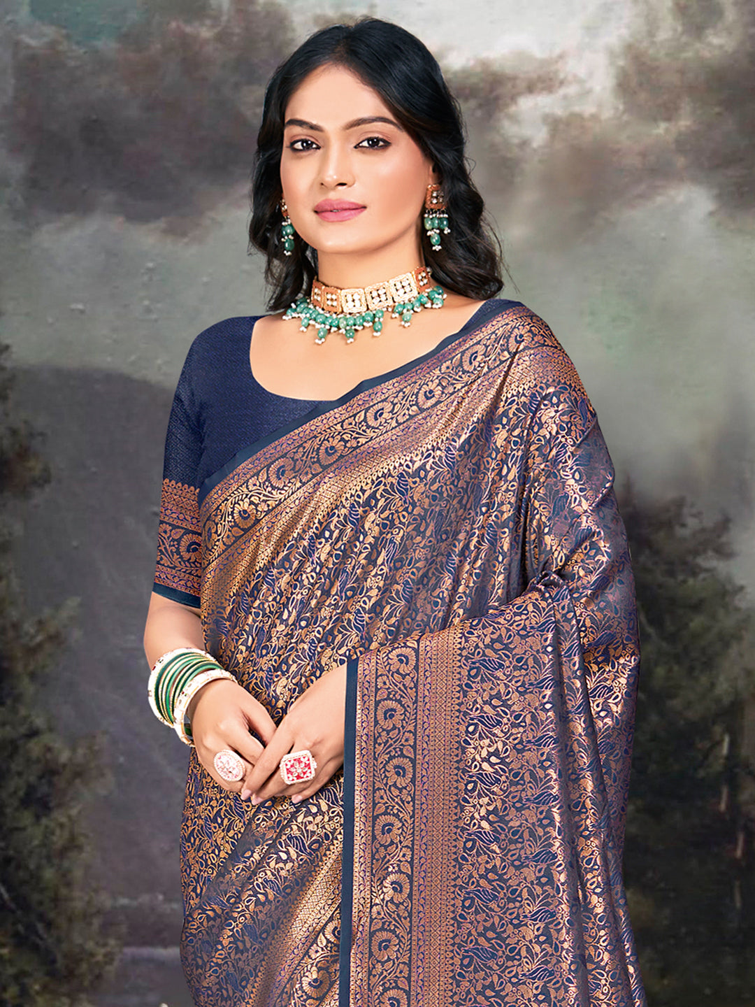 Sangam Navy Blue Banarasi Silk Saree