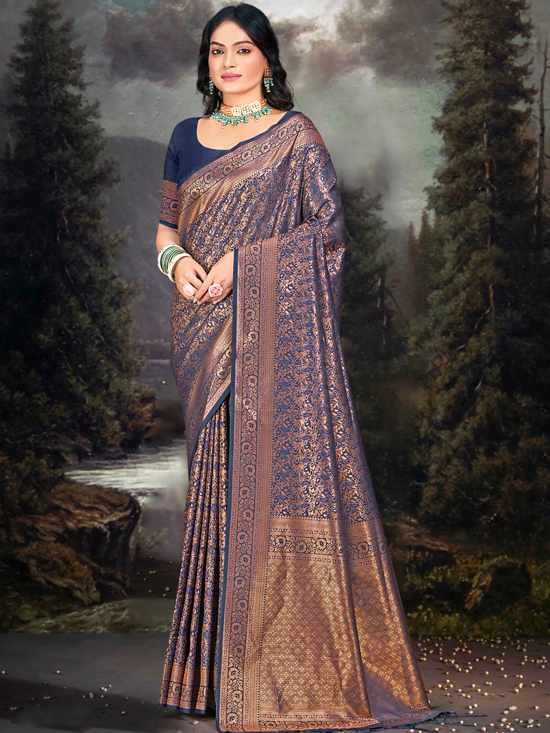 Navy Blue Zari Banarasi Silk Saree