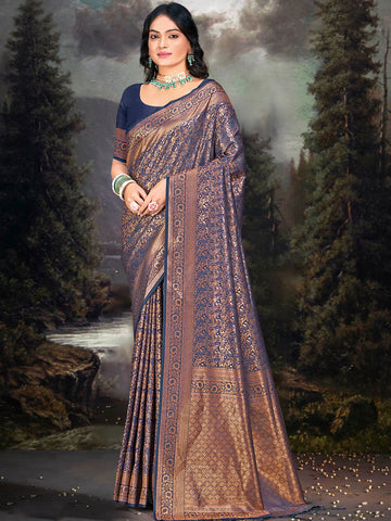 Sangam Navy Blue Banarasi Silk Saree