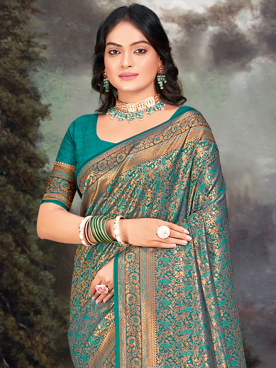 Pine Green Zari Banarasi Silk Saree