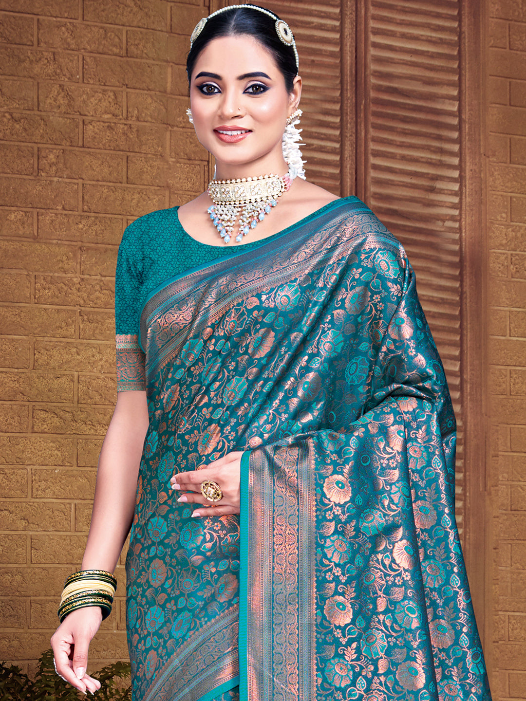 Sangam Steel Blue Banarasi Silk Saree