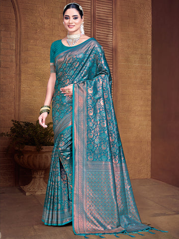 Sangam Steel Blue Banarasi Silk Saree