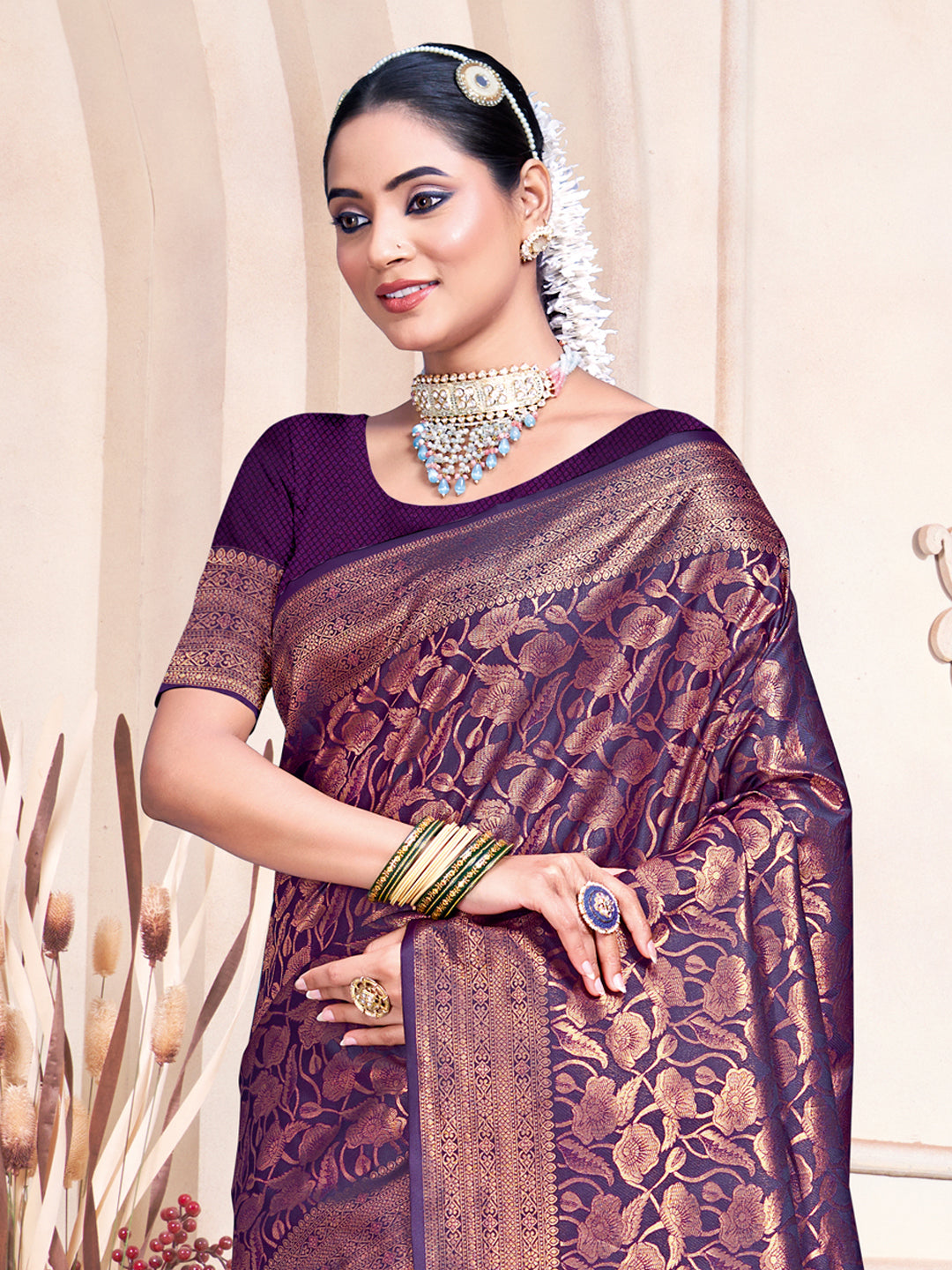 Sangam Violet Banarasi Silk Saree