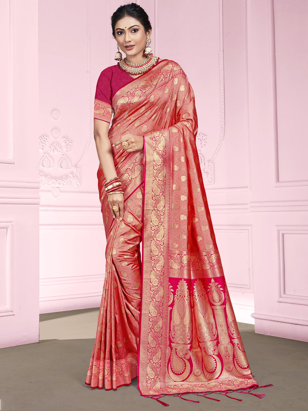 Pink Woven Design Zari Silk Saree