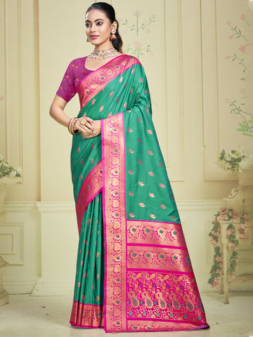 Cyan Green Silk Saree