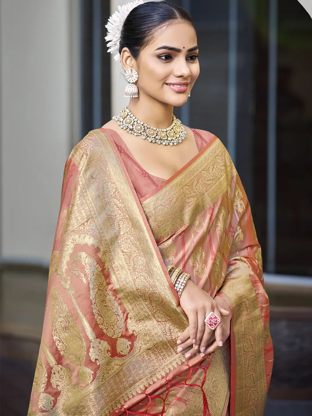 Peach Satin Silk Saree