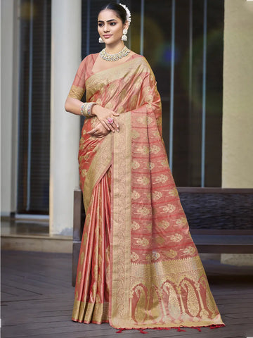 Peach Satin Silk Saree