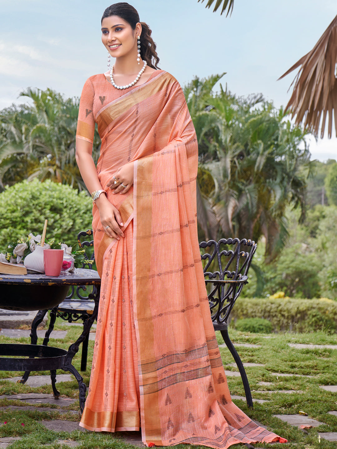 Sangam Peach Cotton Saree