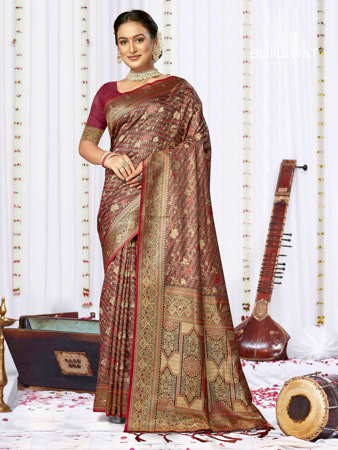 Maroon Satin Silk Saree