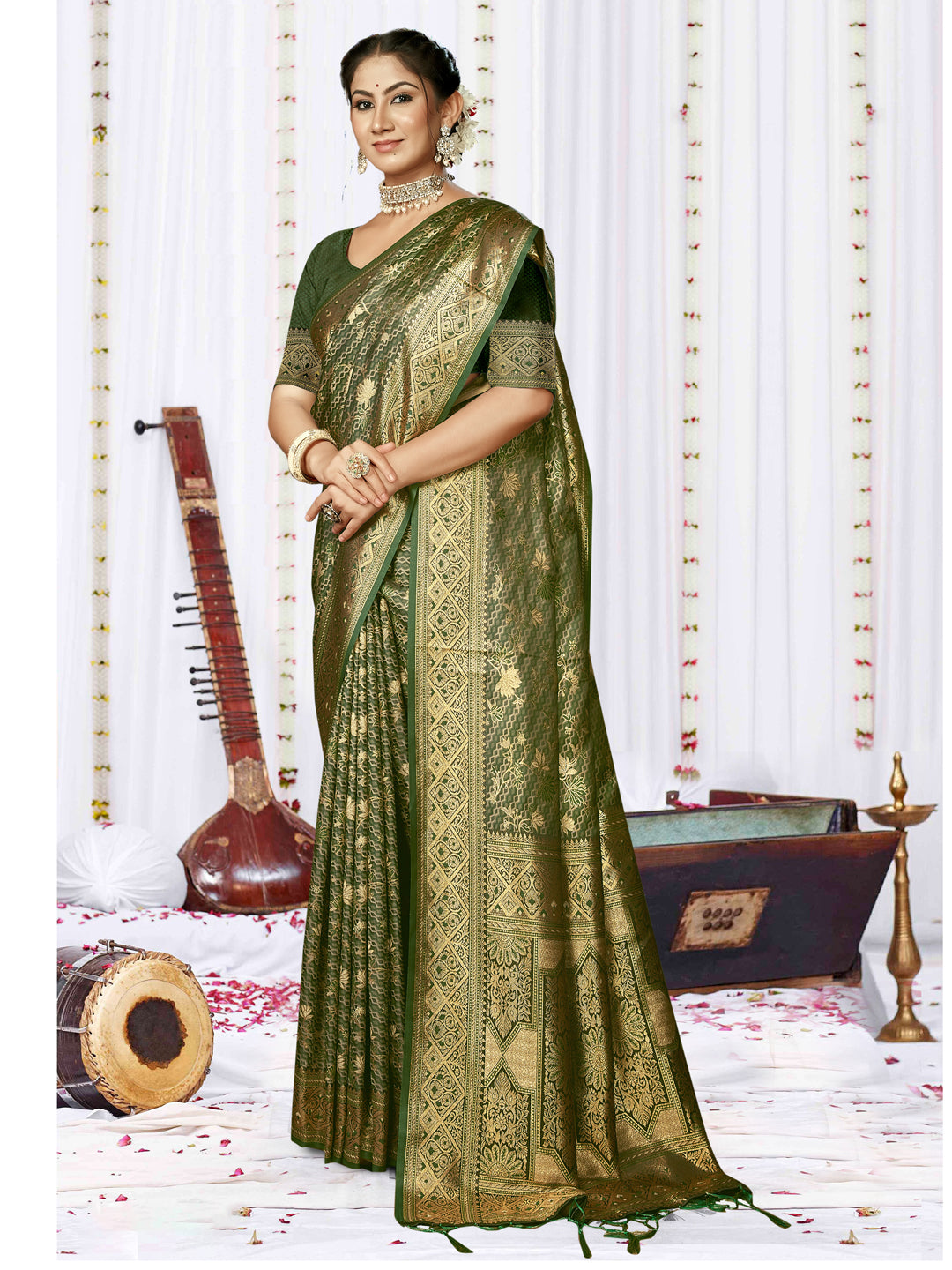 Green Satin Silk Saree