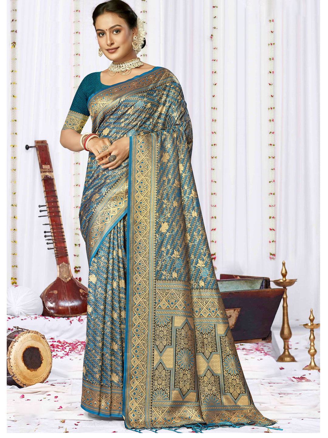 Cyan Blue Satin Silk Saree